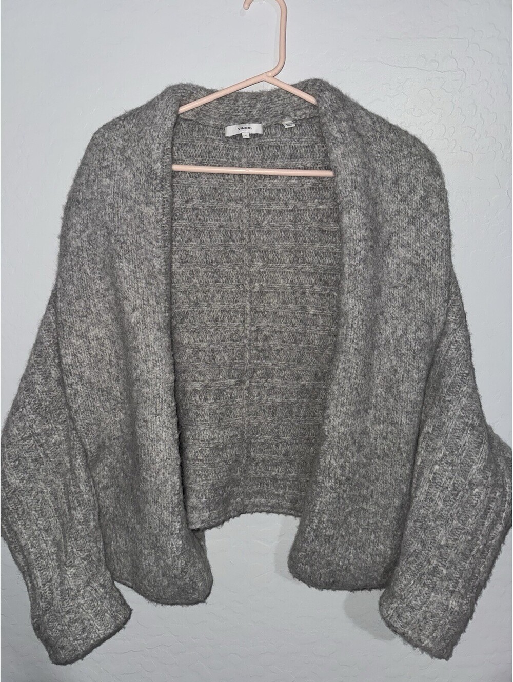 Vince Open Cardigan Shawl Collar Ribbed Alpaca Blend Light Gray Sweater Medium